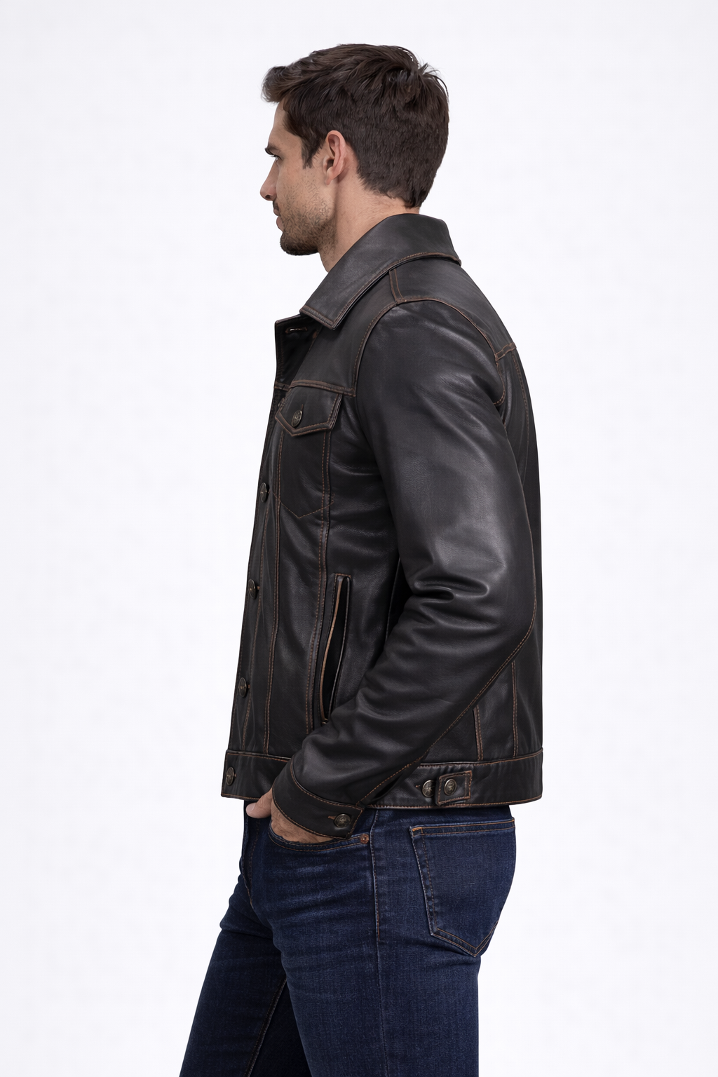 Men's Dark Brown Leather Trucker Jacket - Left