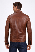 Men's Brown Washed Off Trucker Leather Jacket - Back