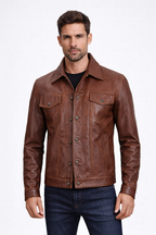 Men's Brown Washed Off Trucker Leather Jacket - Front