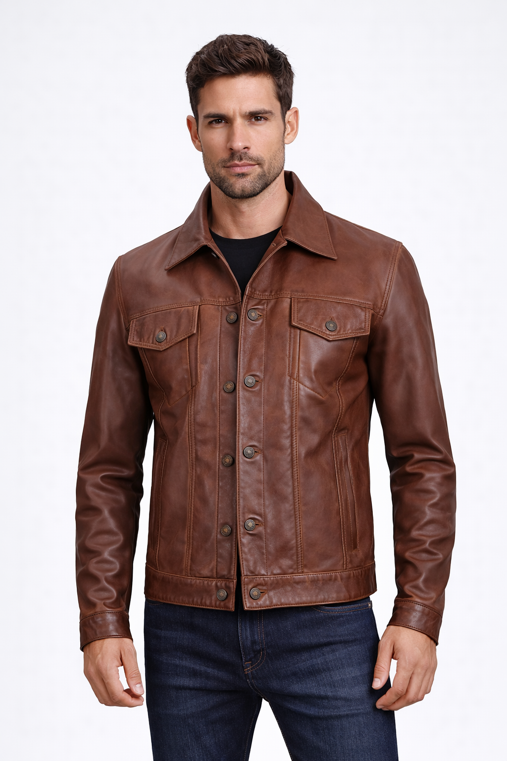Men's Brown Washed Off Trucker Leather Jacket - Front