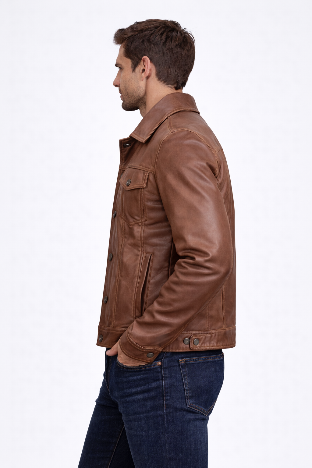 Men's Brown Washed Off Trucker Leather Jacket - Left