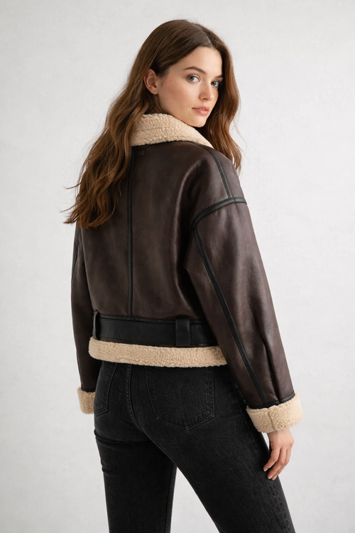 Brown PU Leather Fur Aviator Jacket - Back
