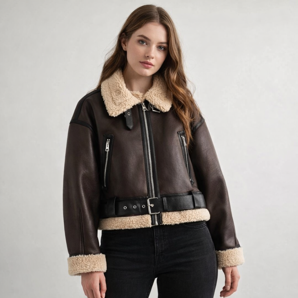 Brown PU Leather Fur Aviator Jacket - Front