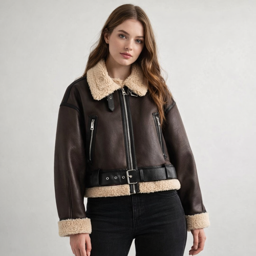 Brown PU Leather Fur Aviator Jacket - Front