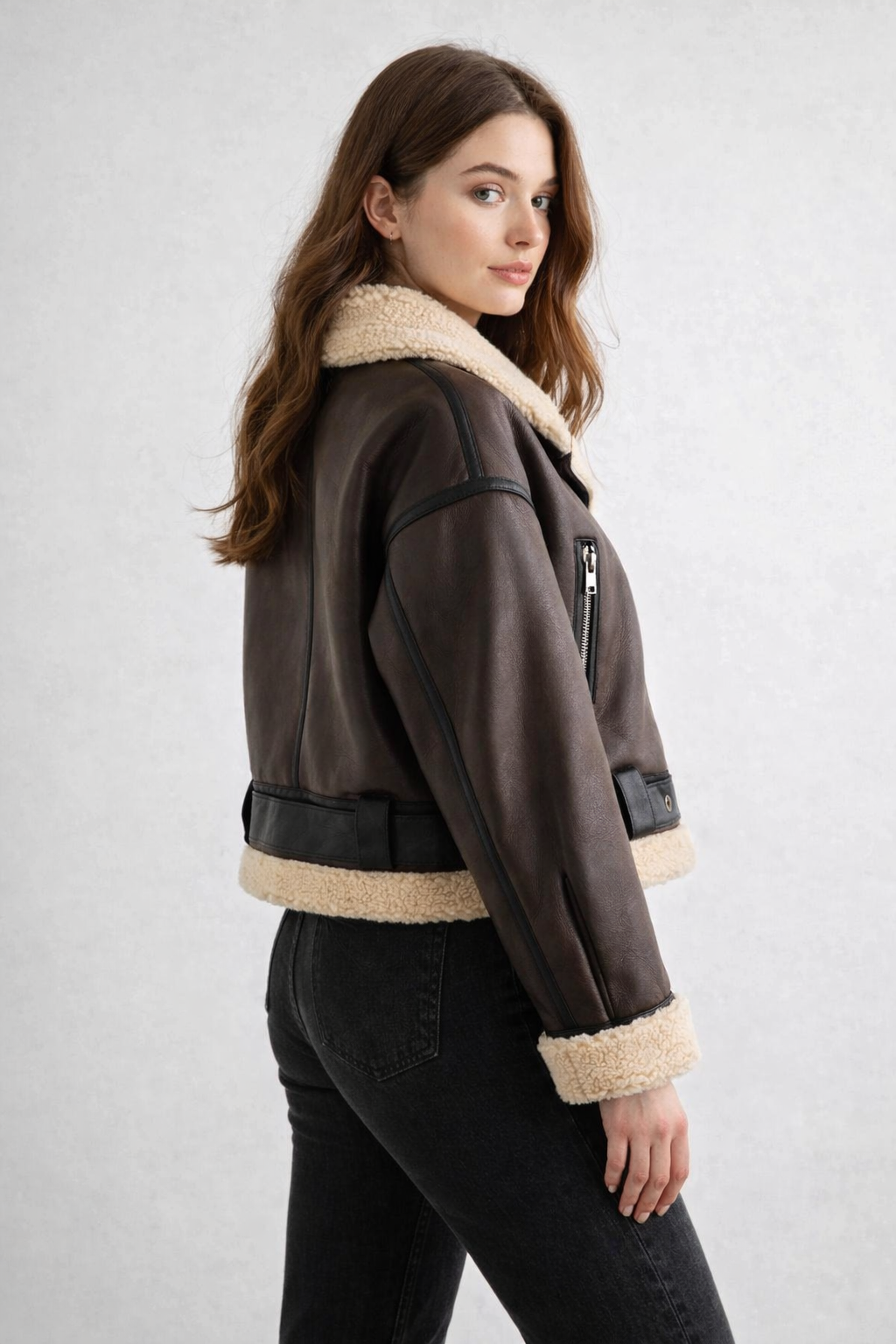 Brown PU Leather Fur Aviator Jacket - Left