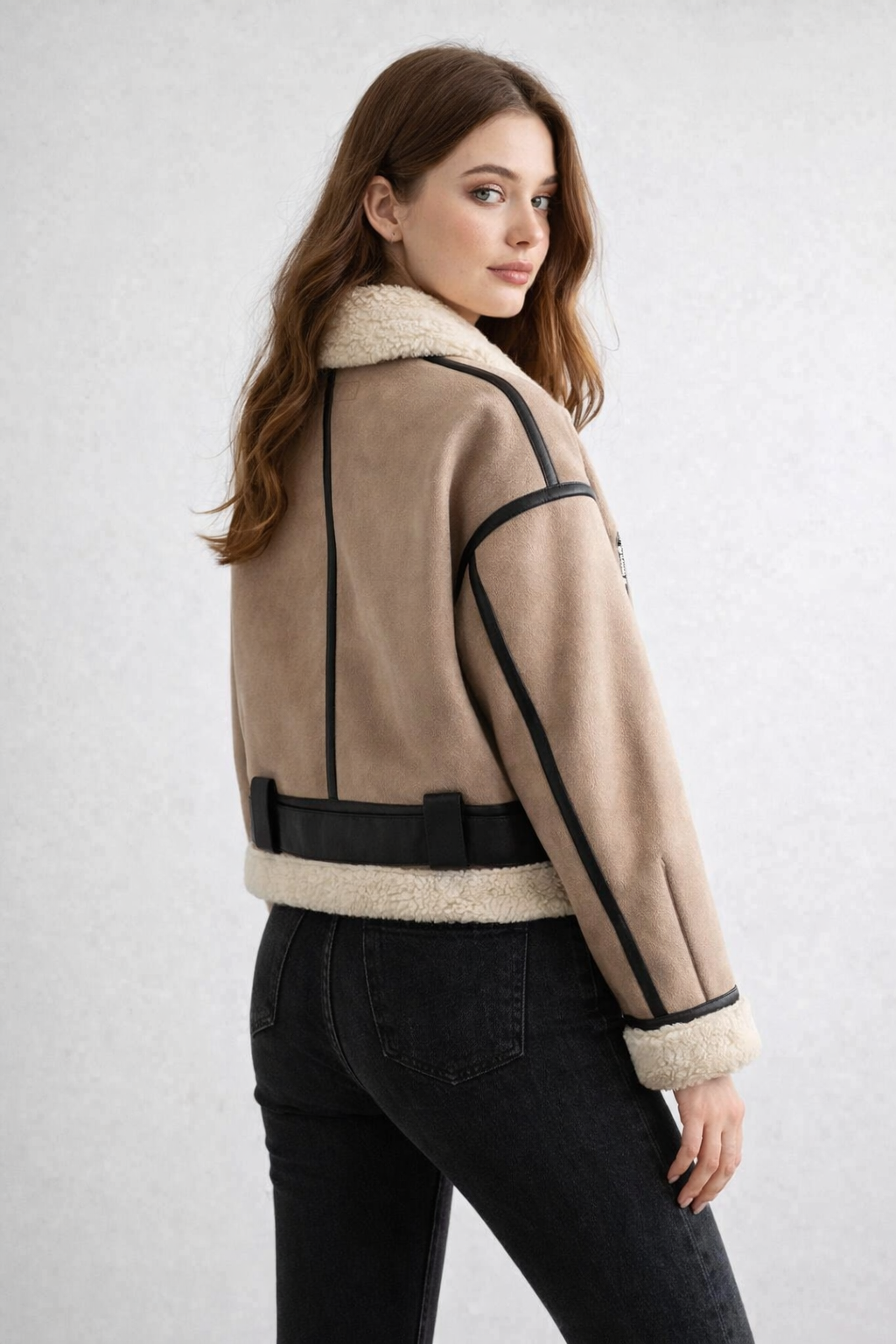 Women's Short Double Faced Suede Aviator Jacket - Back