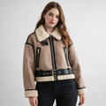 Women's Short Double Faced Suede Aviator Jacket - Front