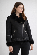 Women's Black Aviator Leather Jacket - Front