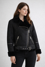 Women's Black Aviator Leather Jacket - Front