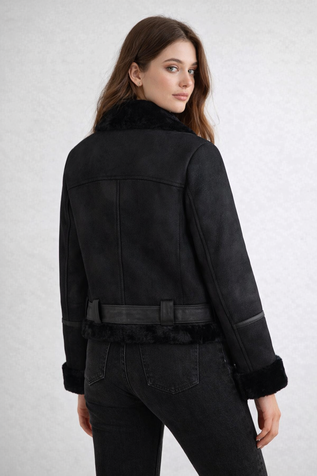 Women's Black Aviator Leather Jacket - Left
