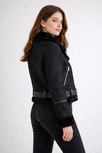 Women's Black Aviator Leather Jacket - Back