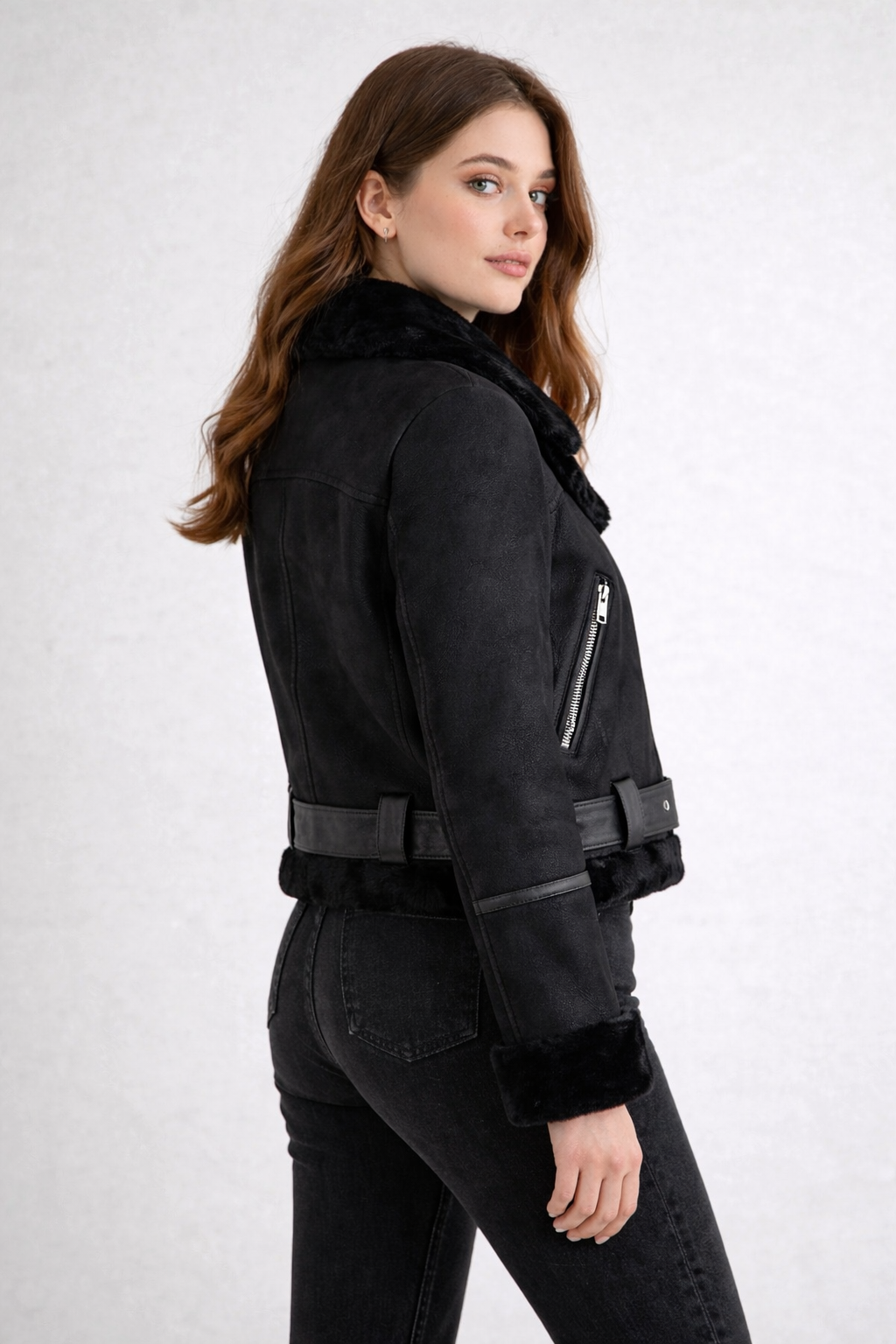 Women's Black Aviator Leather Jacket - Back