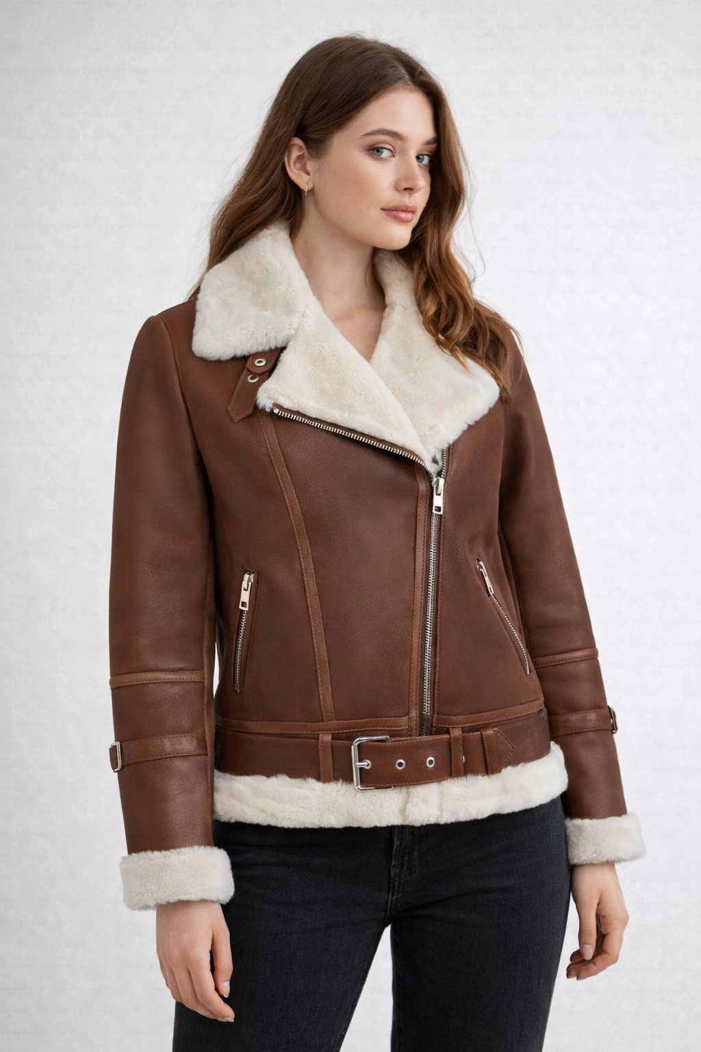 Brown Aviator Leather Jacket for Women - Front