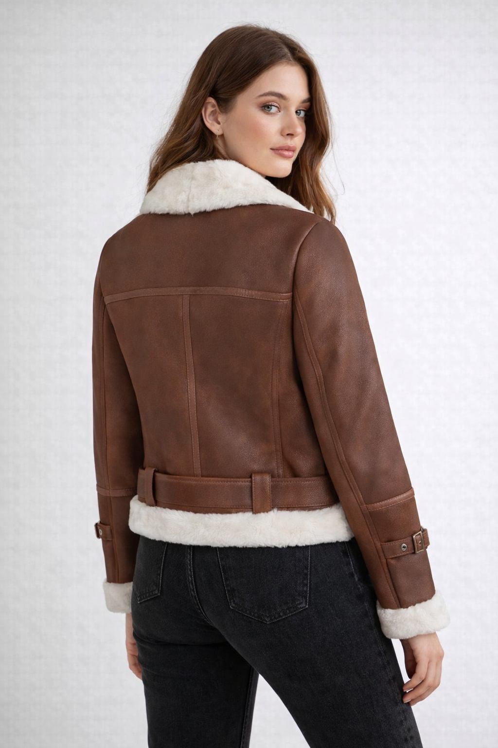Brown Aviator Leather Jacket for Women - Back