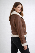 Brown Aviator Leather Jacket for Women - Left