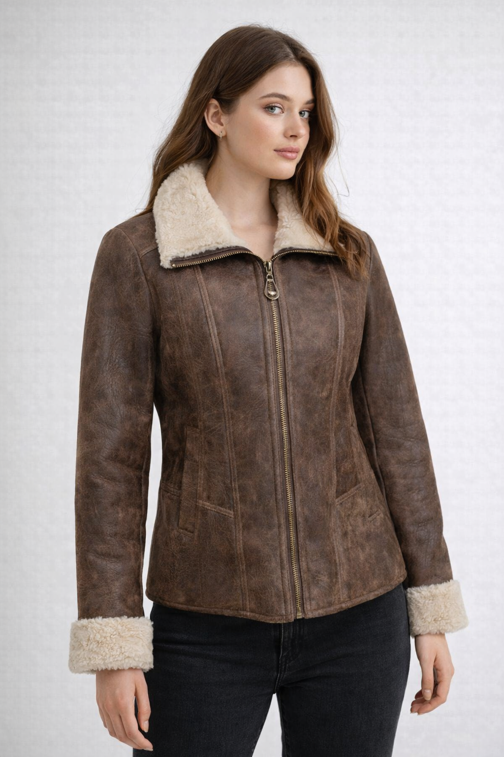 Women's Aviator Centre Zip Leather Sheepskin Jacket - Front