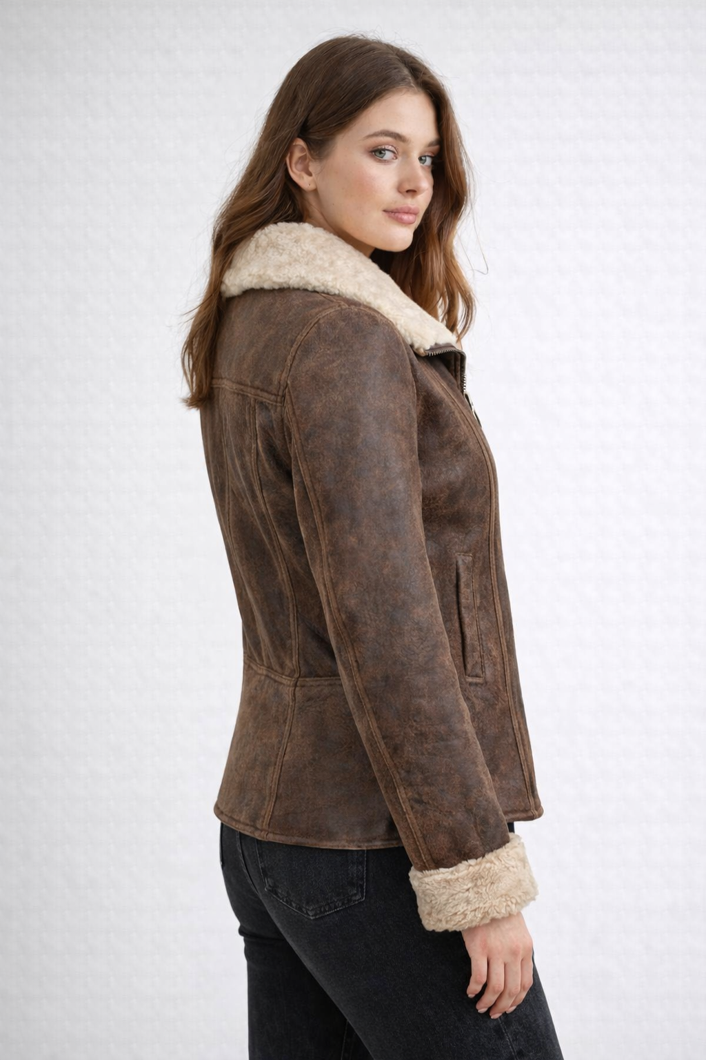 Women's Aviator Centre Zip Leather Sheepskin Jacket - Back