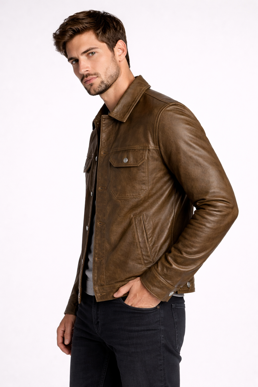 Men's Real Leather Trucker Jacket - Back