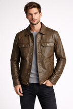 Men's Real Leather Trucker Jacket - Front