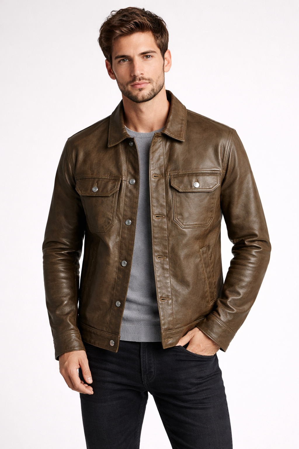 Men's Real Leather Trucker Jacket - Front