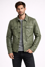Men's Olive Cowhide Leather Trucker Jacket - Front