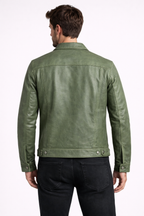 Men's Olive Cowhide Leather Trucker Jacket - Back