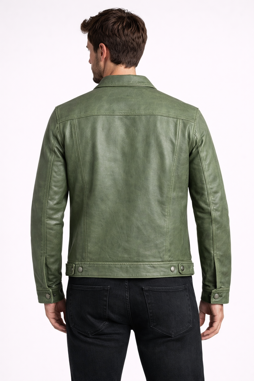 Men's Olive Cowhide Leather Trucker Jacket - Back