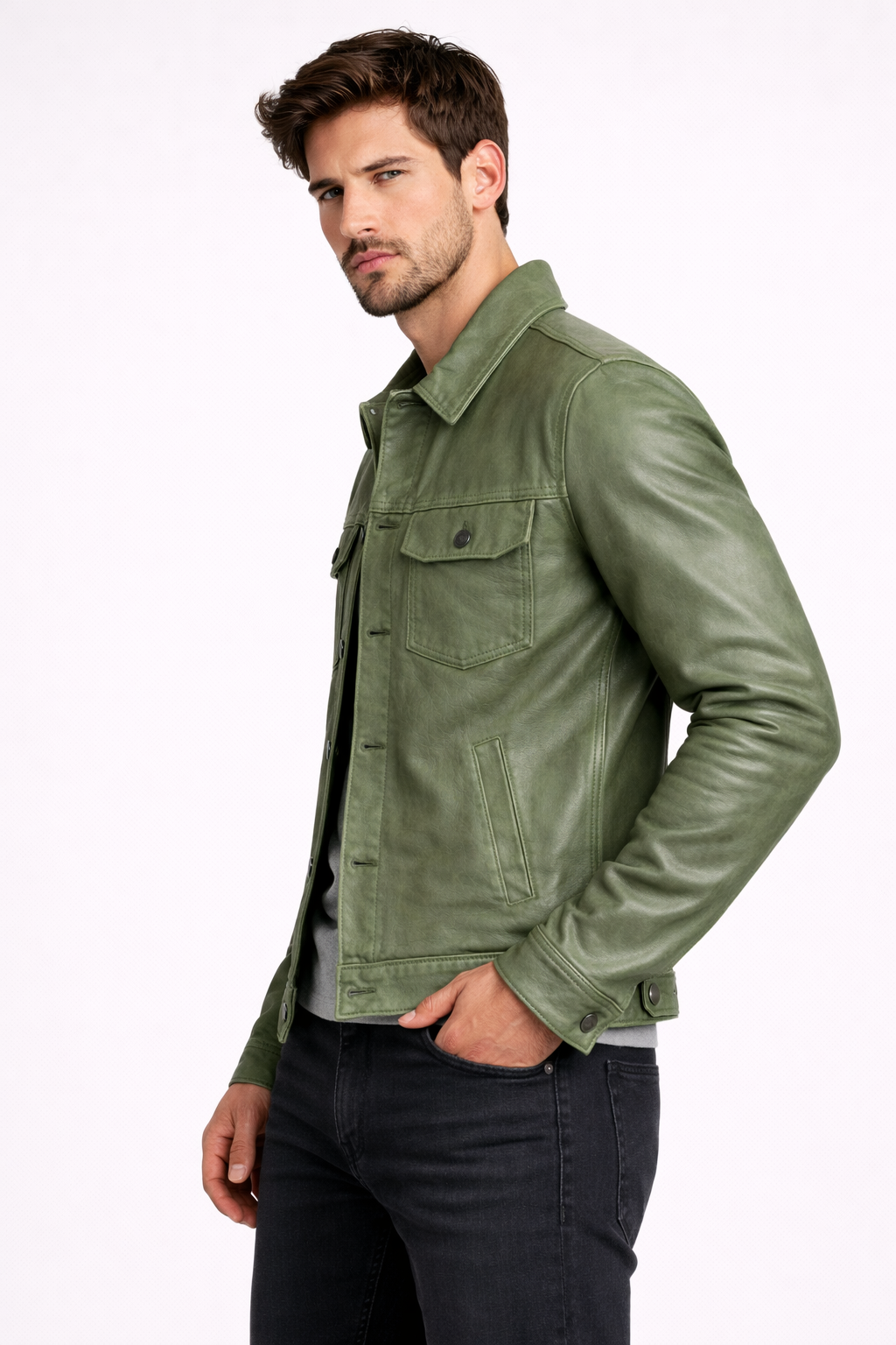 Men's Olive Cowhide Leather Trucker Jacket - Left