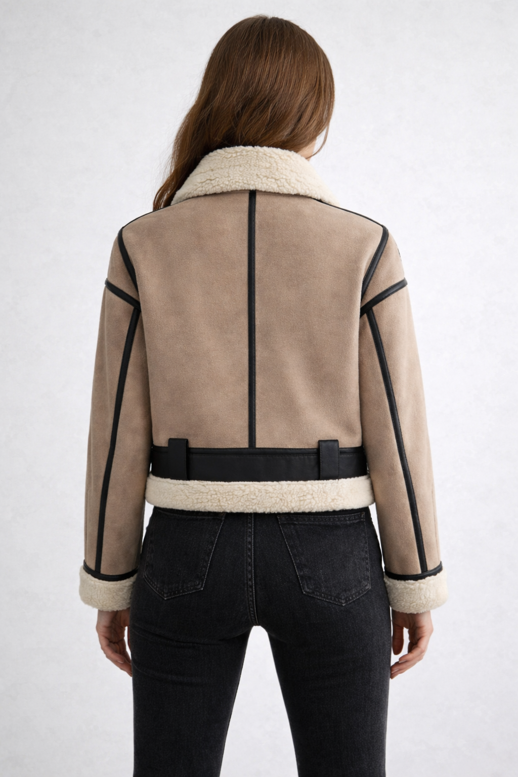 Women's Short Double Faced Suede Aviator Jacket - Left