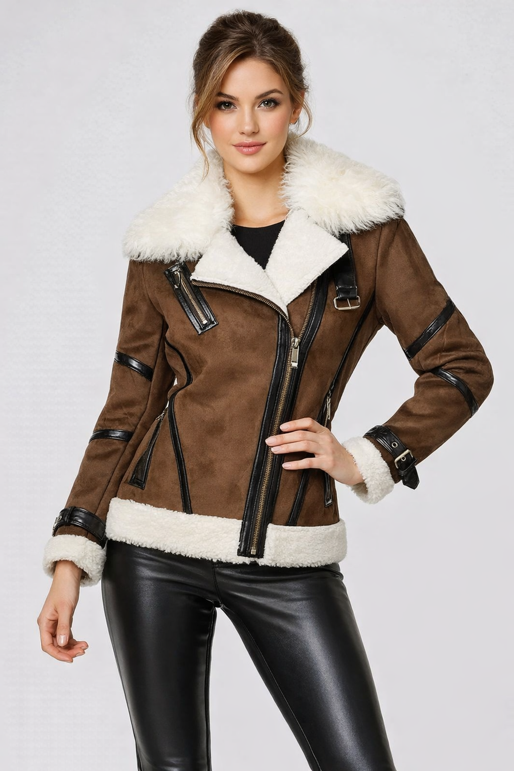 Women's Brown Fur Trim Real Leather Jacket - Front