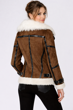 Women's Brown Fur Trim Real Leather Jacket - Back