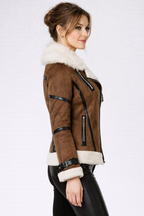 Women's Brown Fur Trim Real Leather Jacket - Left
