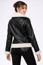Women's Black Leather Flight Jacket With Shearling Collar - Back