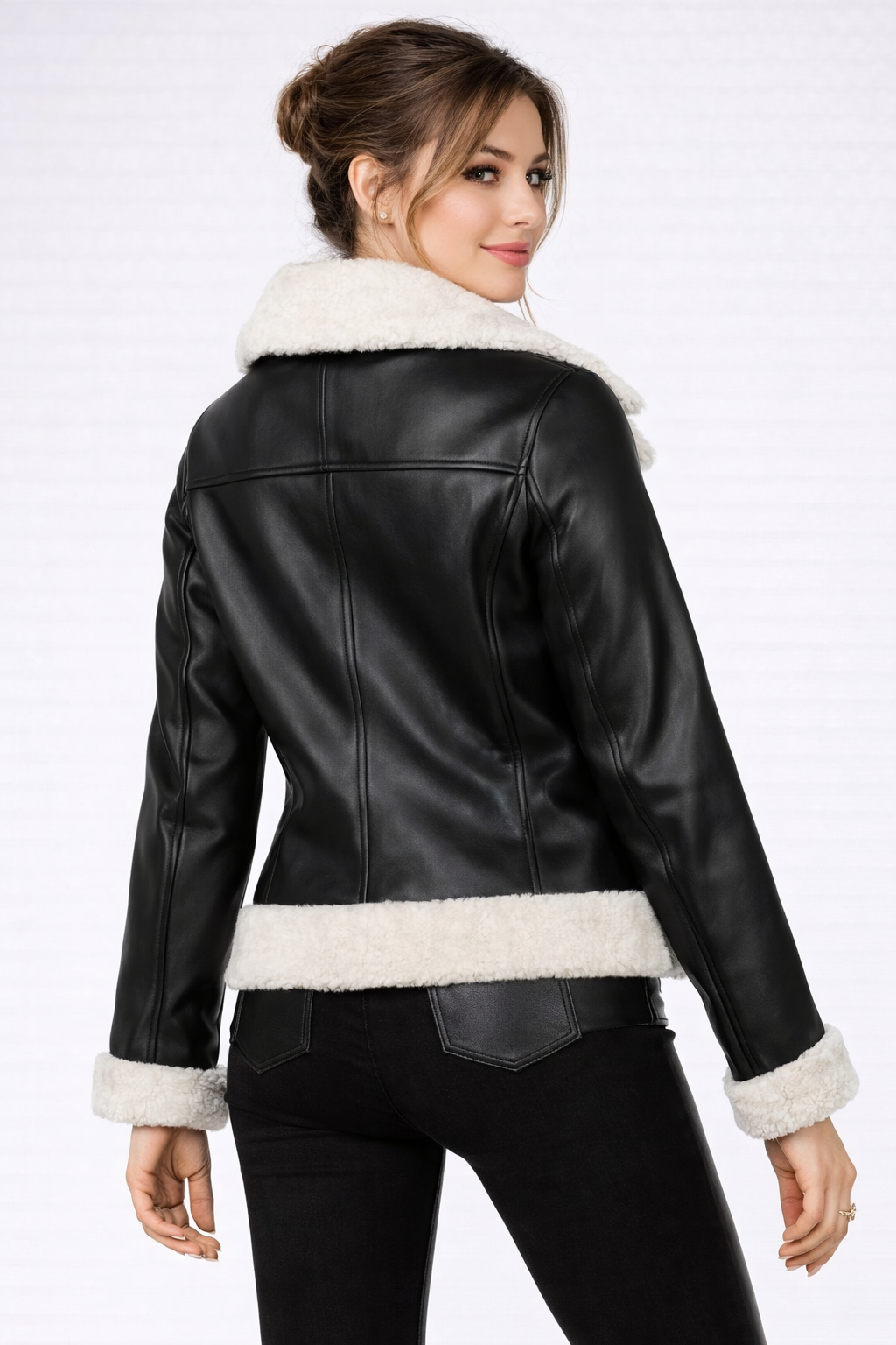 Women's Black Leather Flight Jacket With Shearling Collar - Back