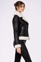 Women's Black Leather Flight Jacket With Shearling Collar - Left