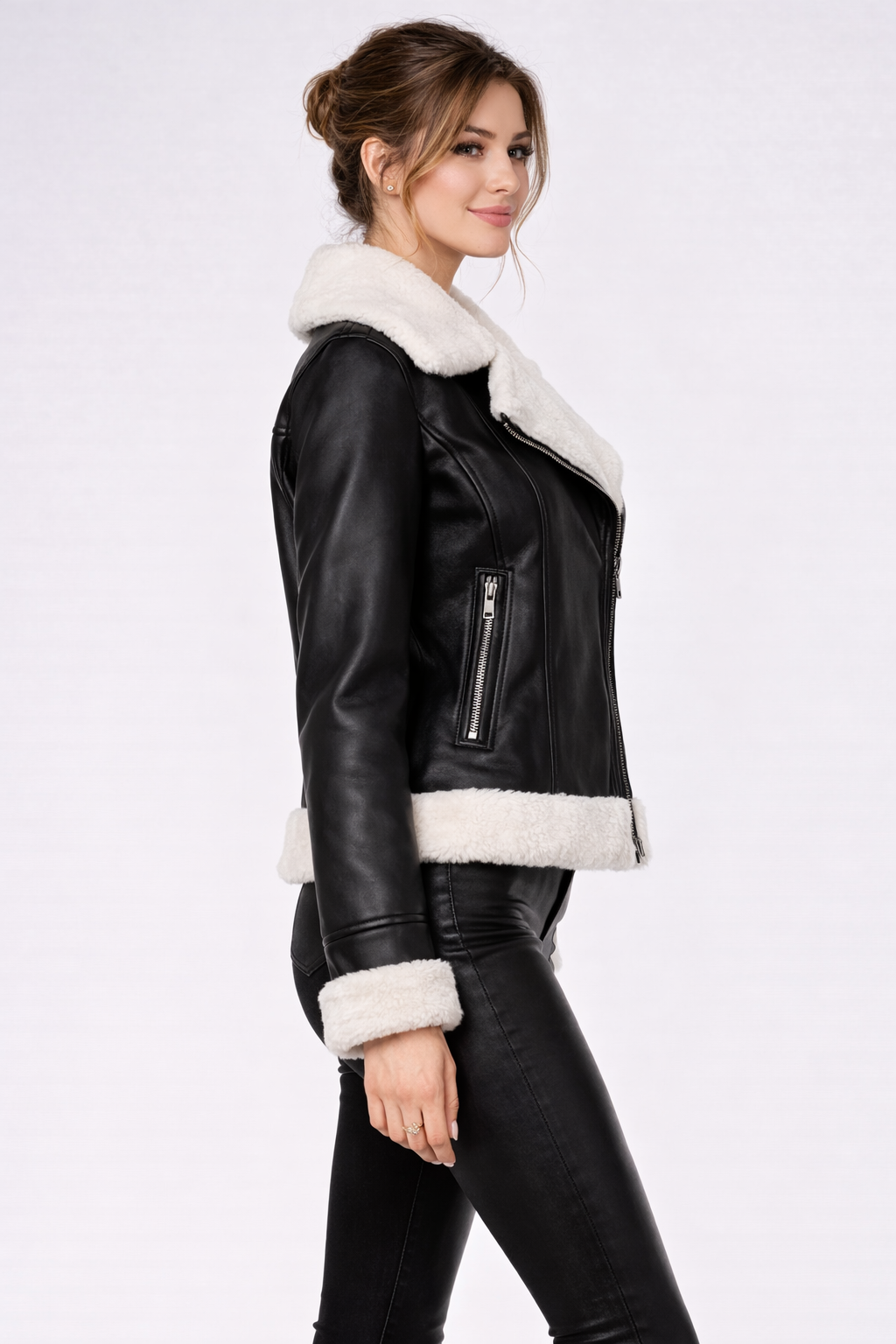 Women's Black Leather Flight Jacket With Shearling Collar - Left