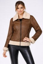 Women's Walnut Leather Flight Jacket With Shearling Collar - Front