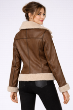 Women's Walnut Leather Flight Jacket With Shearling Collar - Back