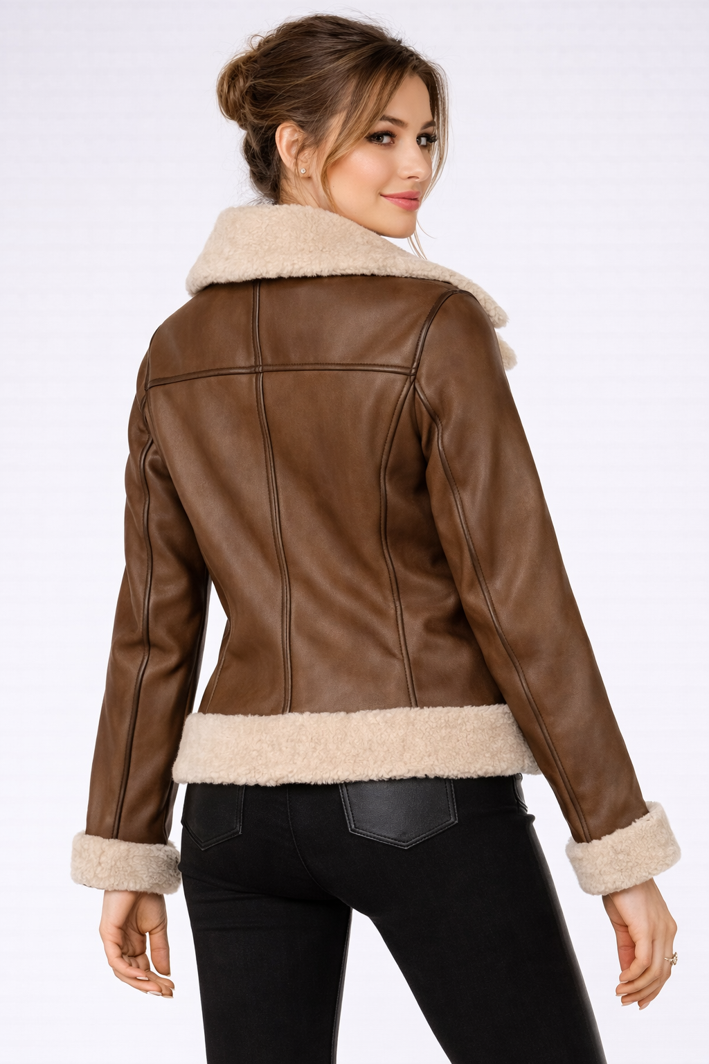 Women's Walnut Leather Flight Jacket With Shearling Collar - Back