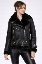 Women's Black Shearling Moto Jacket - Front