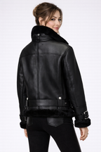 Women's Black Shearling Moto Jacket - Back
