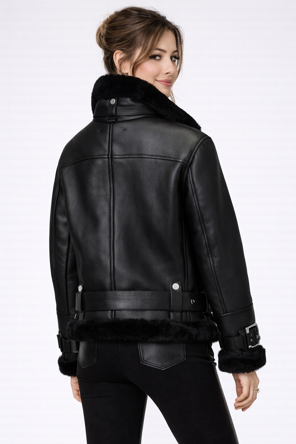 Women's Black Shearling Moto Jacket - Back