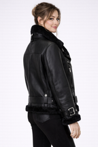 Women's Black Shearling Moto Jacket - Left