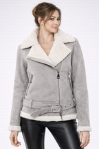 Women's Grey Suede Shearling Jacket - Front