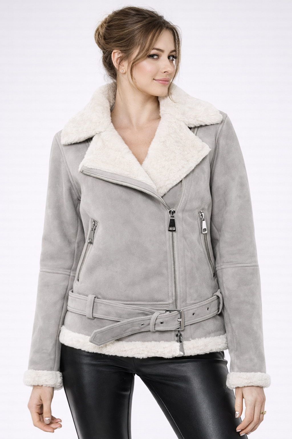 Women's Grey Suede Shearling Jacket - Front