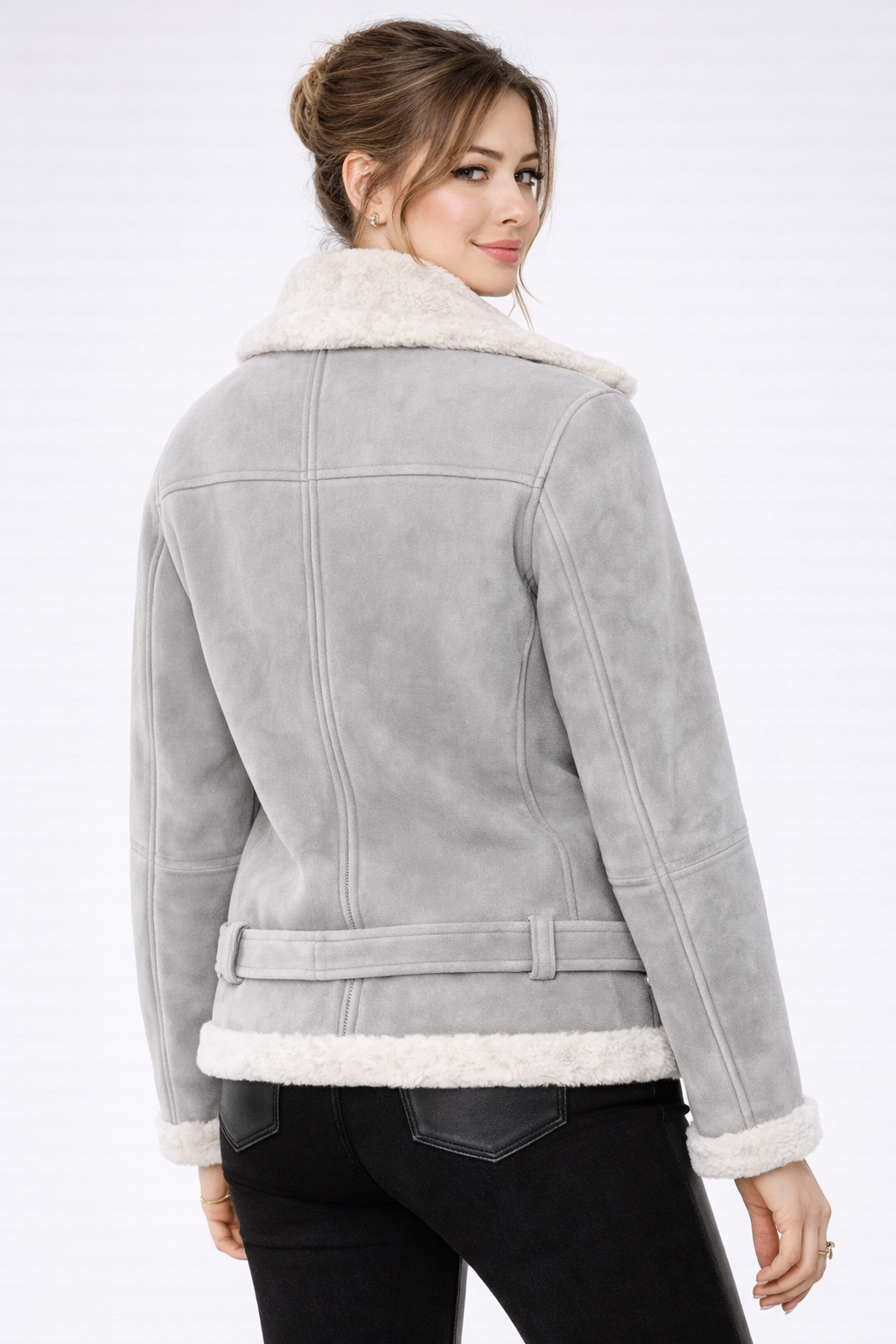 Women's Grey Suede Shearling Jacket - Back
