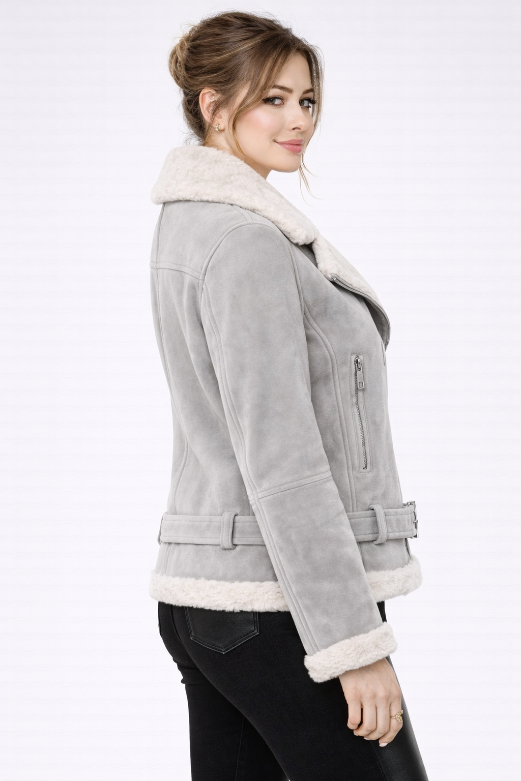 Women's Grey Suede Shearling Jacket - Left