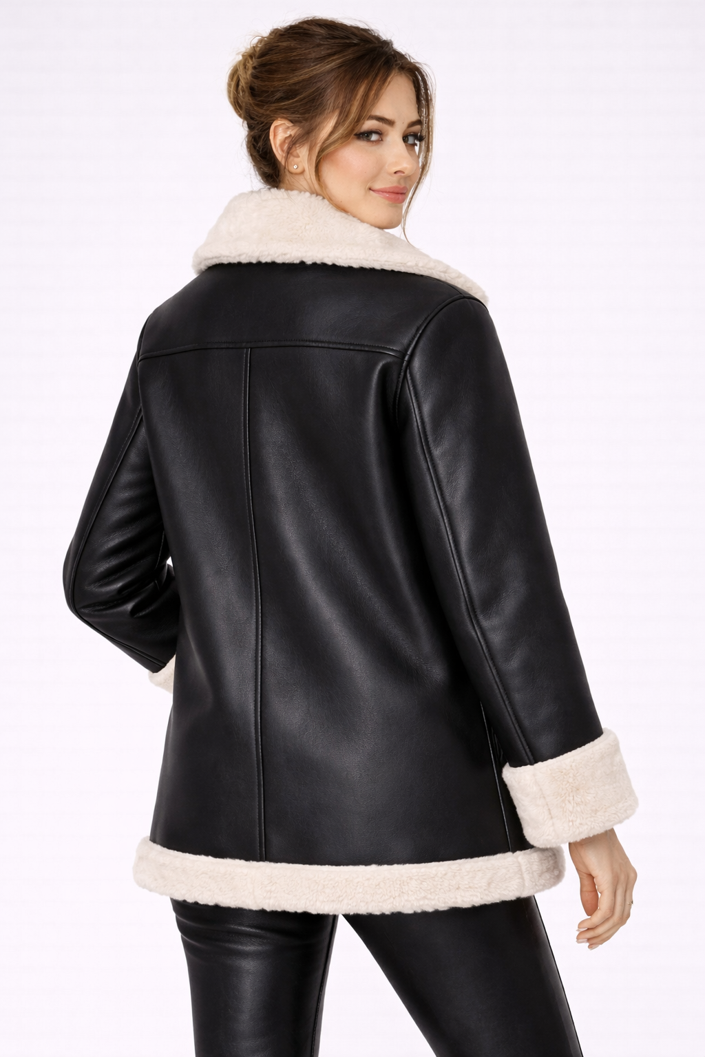 Women's Black Shearling Leather Jacket - Back