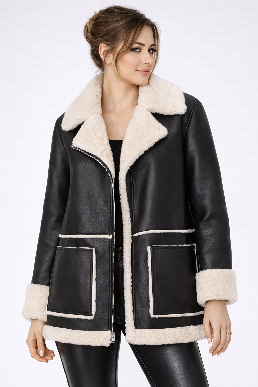 Women's Black Shearling Leather Jacket - Front