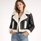 Women's Black Cropped Leather Jacket - Front